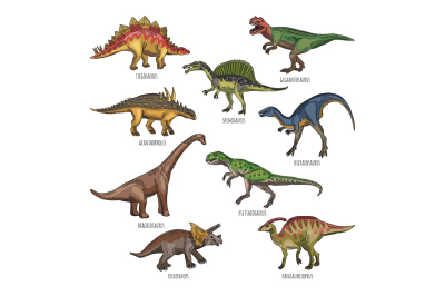 Colored illustrations of different dinosaurs types