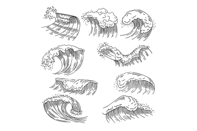 Marine illustrations of water splashes and big waves