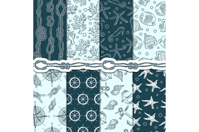 Different seamless patterns set of marine and nautical elements