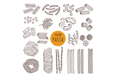 Different types of italian pasta. Hand draw vector illustrations