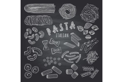  Types of itallian pasta. Hand drawn pictures on dark background