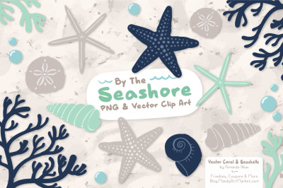Seashore Shells &amp; Coral Clipart in Navy &amp; Mint