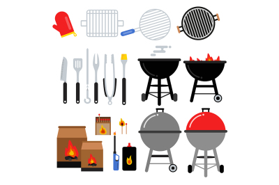 Flat illustrations set for bbq party. Different barbecue tools