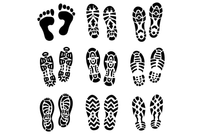 Monochrome set of running shoes and human legs footprint isolated