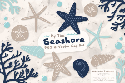 Seashore Shells &amp; Coral Clipart in Navy