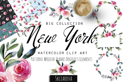"New York". Roses watercolor clip art collection.