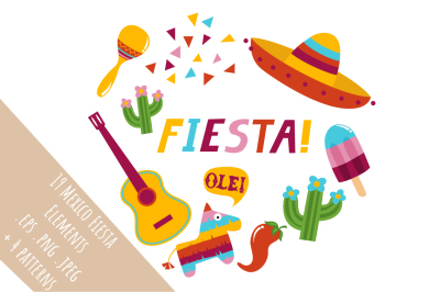 Set of 19 Mexico Fiesta illustartions + 4 patterns