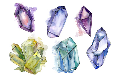 Aquarelle crystals mineral PNG set