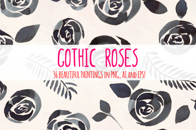 Gothic Roses - 36 Watercolor Clipart