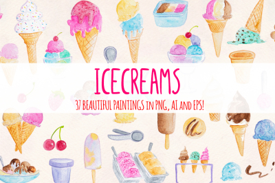 37 Icecreams Summer Watercolor Graphics Kit