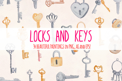 Locks and Keys 34 Watercolor Vector Graphics 