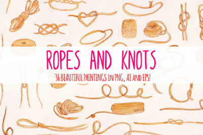 36 Ropes and Knots Watercolor Vector Graphic Elements