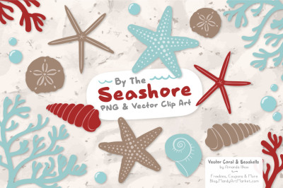 Seashore Shells &amp; Coral Clipart in Red &amp; Robin Egg
