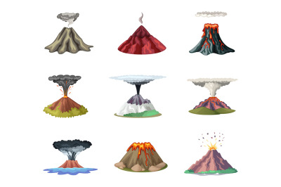 Vector illustrations set of mountains and hot explosion of volcano