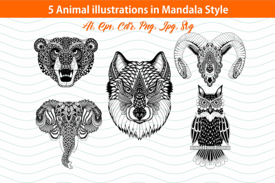 5 Animal illustrations in Mandala Style