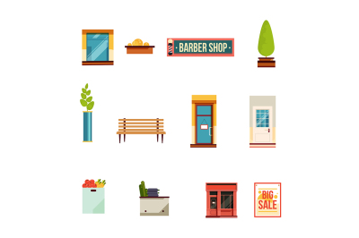 City street icons set, flat style