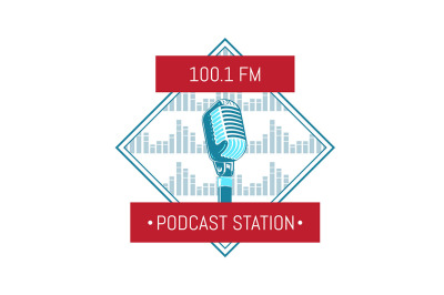  Vector podcast station logo with microphone on sound waves background