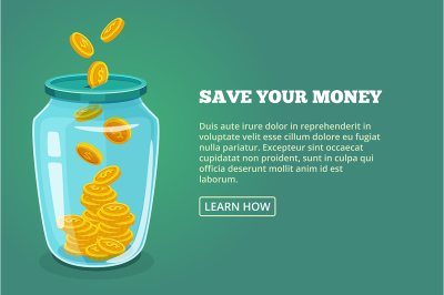 Save your money. Concept picture with glossy jar and gold coins