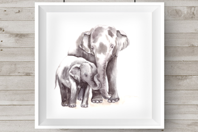Watercolor Mother & Baby - Elephants - Clip Art & Print