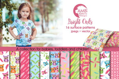 Bright Owls patterns, Feather and owl papers AMB-453