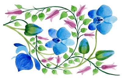 Ornament of blue flowers PNG watercolor set