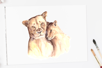 Watercolor Mother & Baby - Lions - Clip Art & Print
