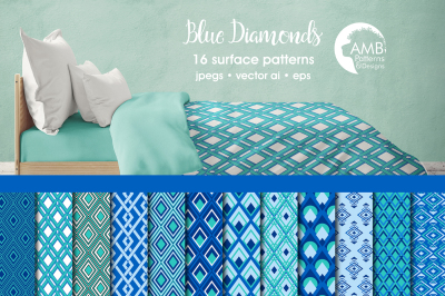 Blue Diamonds patterns, Geometric Blue papers AMB-1075