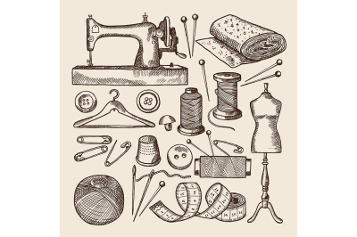 Vintage sewing symbols set. Vector pictures in hand drawn style