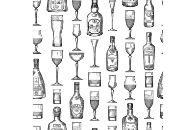 Seamless pattern with alcoholic drinking glasses