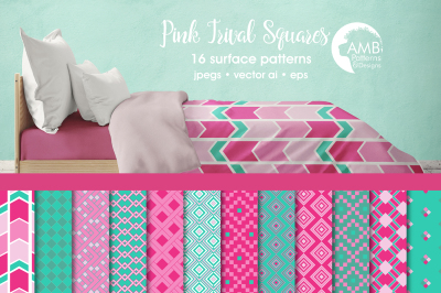 Pink Trival Squares patterns, Pink and Teal Geometric papers AMB-1082