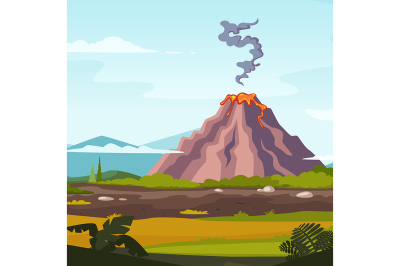 Wild landscape with volcano and lava