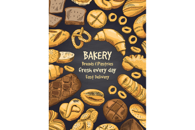  Illustration of bakery foods on black chalkboard