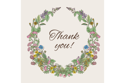 Thank you card. Inscription inside the wreath of hand drawn herbs and 