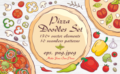 Pizza Doodles set. Vector elements and seamless patterns.