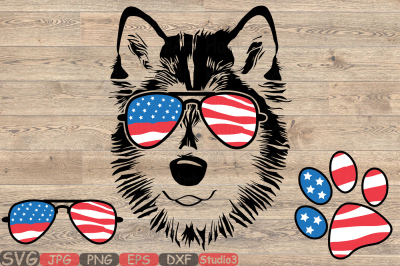 Husky Dog USA Flag Glasses Paw Silhouette SVG merica patriotic 870s 