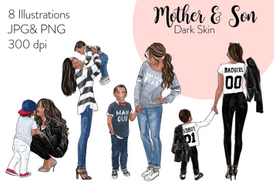 Watercolor Fashion Clipart - Mother & Son - Dark Skin