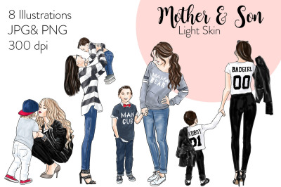 Watercolor Fashion Clipart - Mother & Son - Light Skin