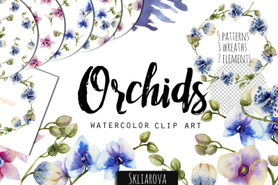 "Orchids". Watercolor clip art.