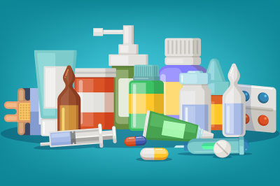 Pharmaceutical vector illustration of medical bottles and pills