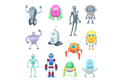 Characters of funny robots in cartoon style