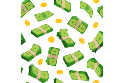 Different banknotes of dollars and coins. Vector seamless pattern