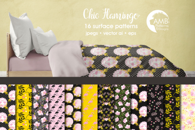 Chic Flamingo patterns, Flamingo Black papers AMB-1426