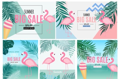 Abstract Summer Sale Background with Flamingo and Palm Leaves. Vector 