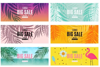 Abstract Summer Sale Background with Flamingo and Palm Leaves. Vector 