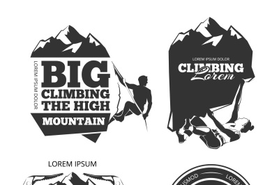 Vintage mountain climbing vector logo and labels set