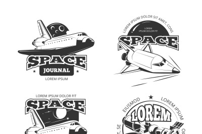 Cosmos, space astronaut badges, emblems and logos vector set