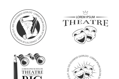 Theater acting entertainment performance vector retro labels, emblems