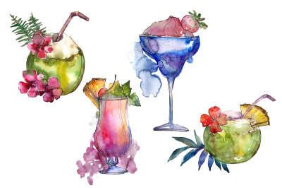 Exotic cocktails PNG watercolor set