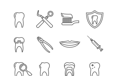 Teeth, dentistry medical line icons