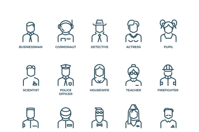 People avatars, characters staff, professions. Vector linear icons